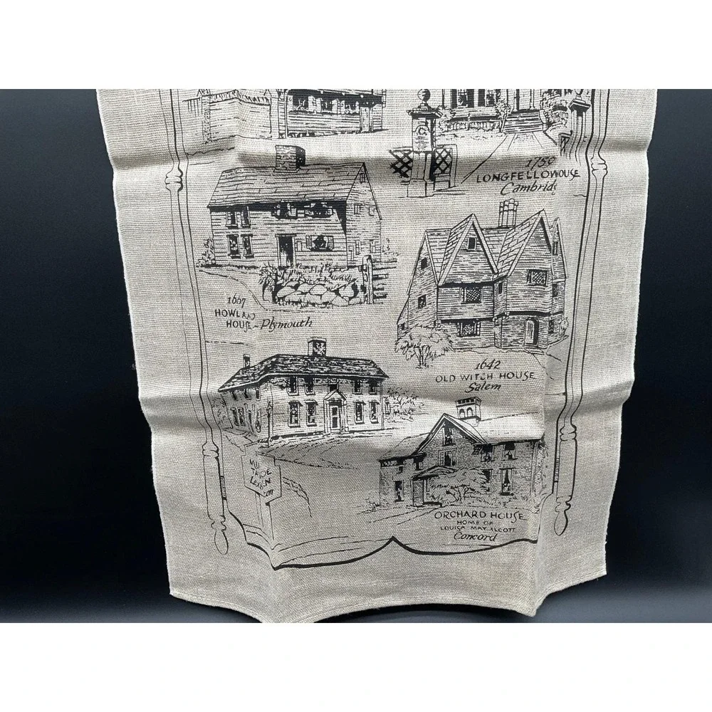 Early American Landmarks Tea Towel Linen Wall Hanging New England Map